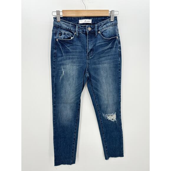 Kancan Medium Wash Crop Raw Hem Skinny Denim Jeans Cotton Stretch Women 26/5 - Picture 1 of 9